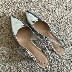 Franco Sarto Shiny Leather Silver Slingback 2.5” Kitten Heels
